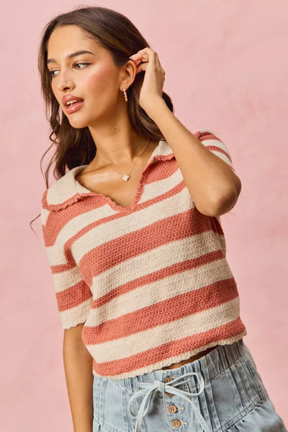 Pink Stripe Short Sleeve Cropped Sweater - Tigbul's Variety Fashion Shop