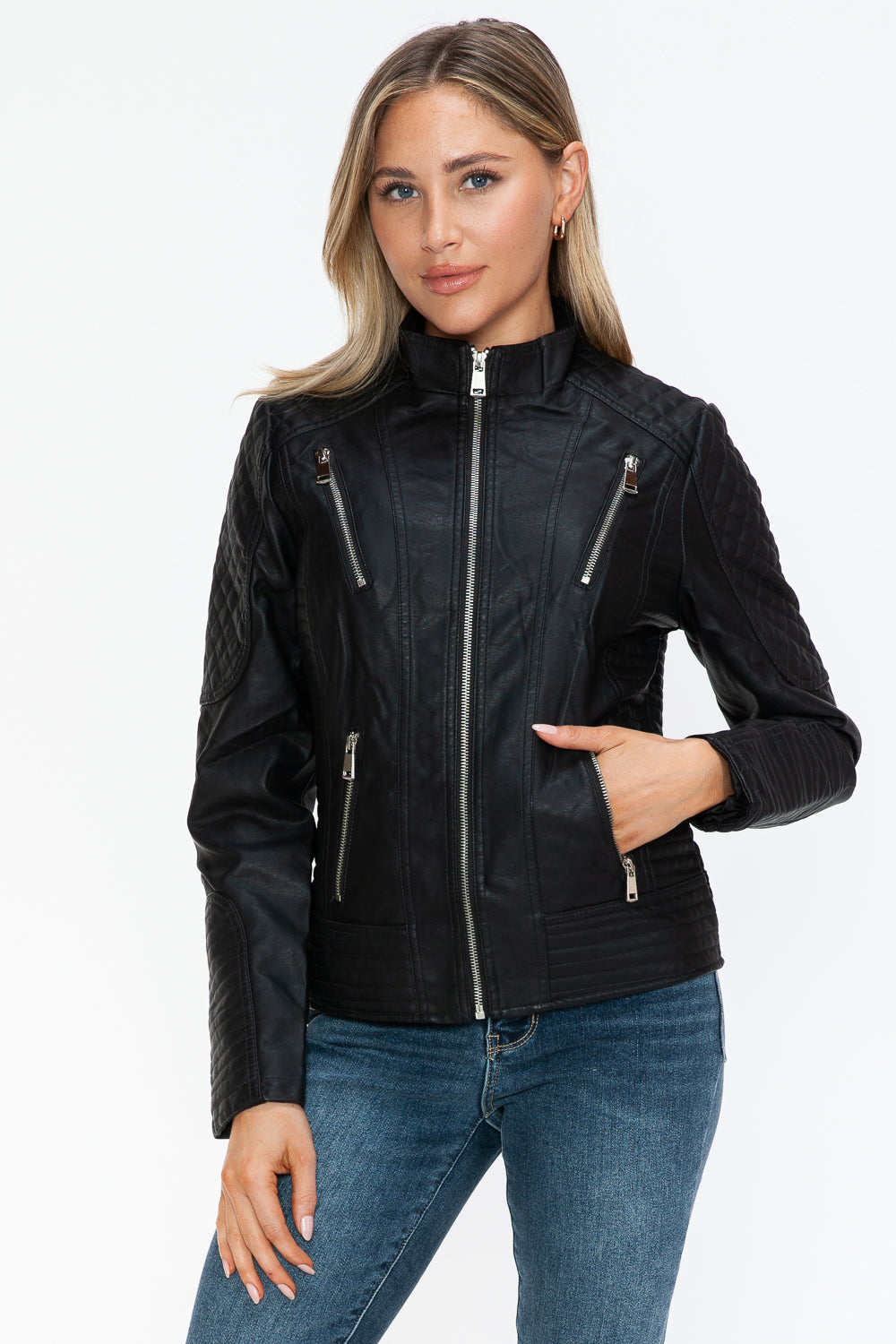 Black Faux Leather Zip Up Mock Neck Jacket