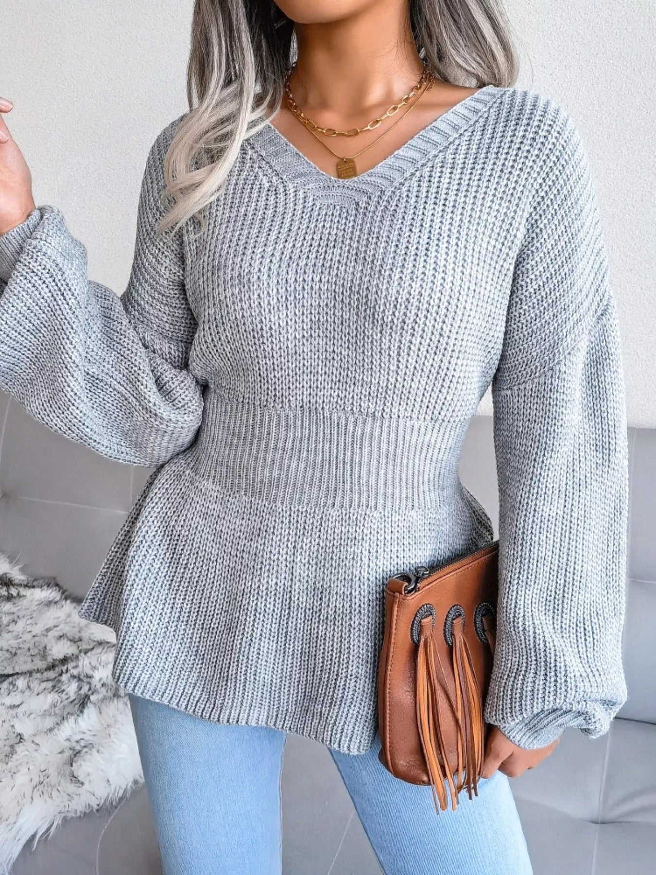 V-Neck Dropped Shoulder Sweater - Tigbul's Variety Fashion Shop