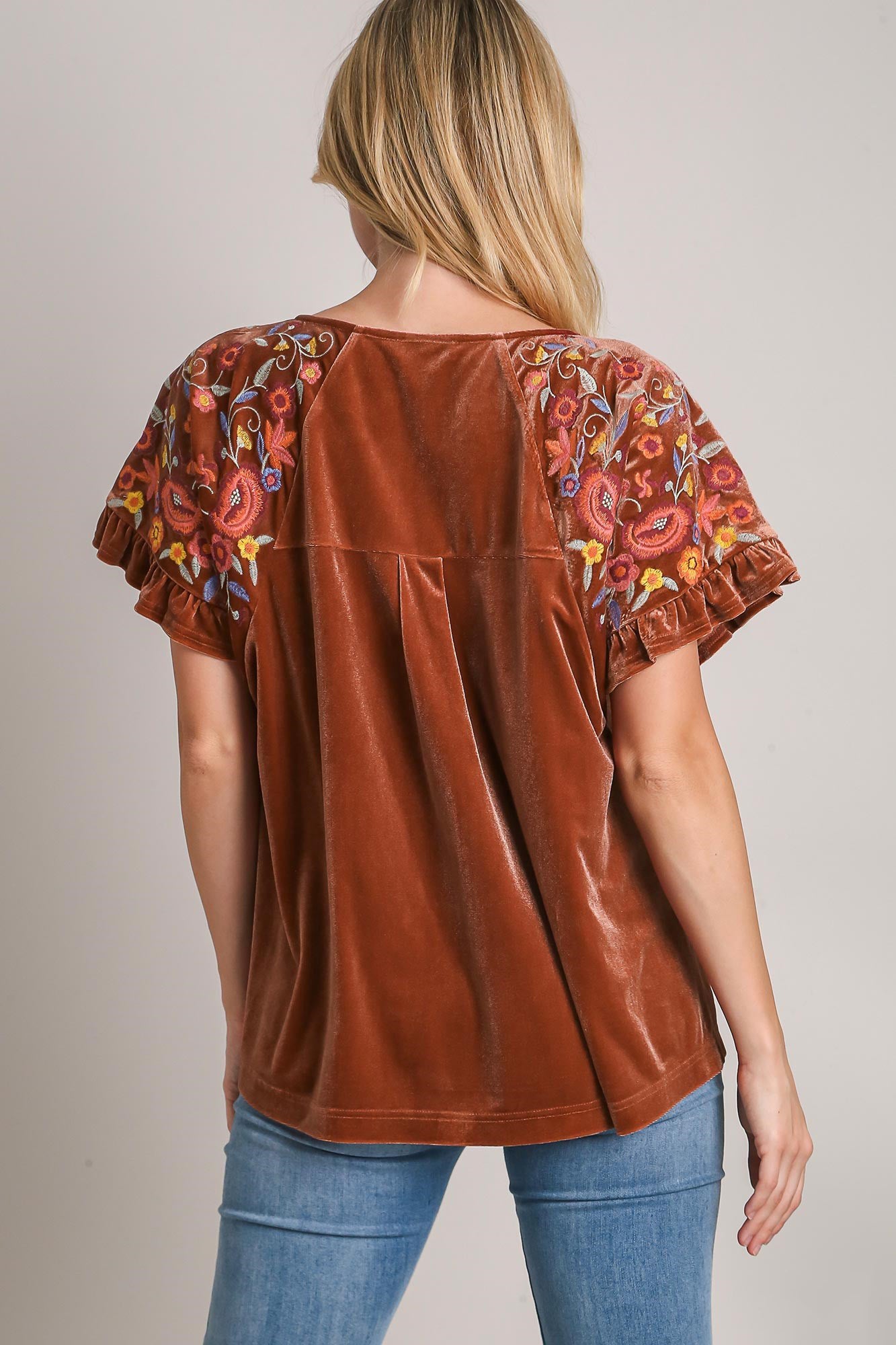 Umgee Velvet Embroidery Short Sleeve Blouse - Tigbul's Variety Fashion Shop