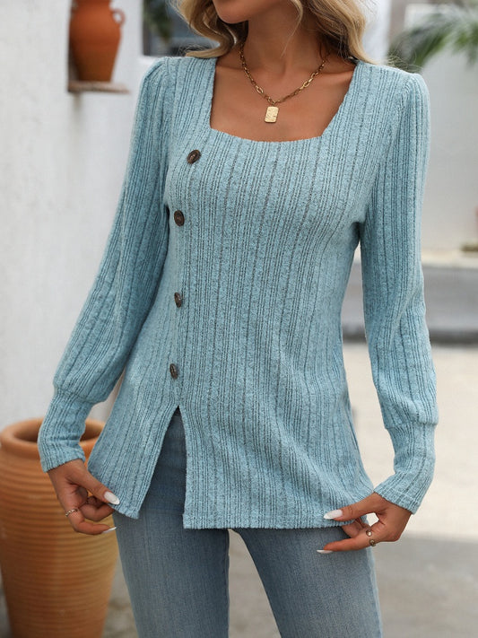 Decorative Button Striped Square Neck Long Sleeve T-Shirt - Tigbul's Variety Fashion Shop