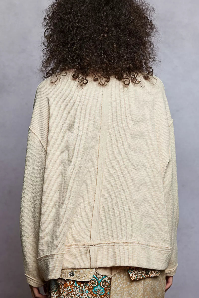 POL Balloon Sleeve Oversized Ribbed Top with Floral Pattern Contrast - Tigbul's Variety Fashion Shop