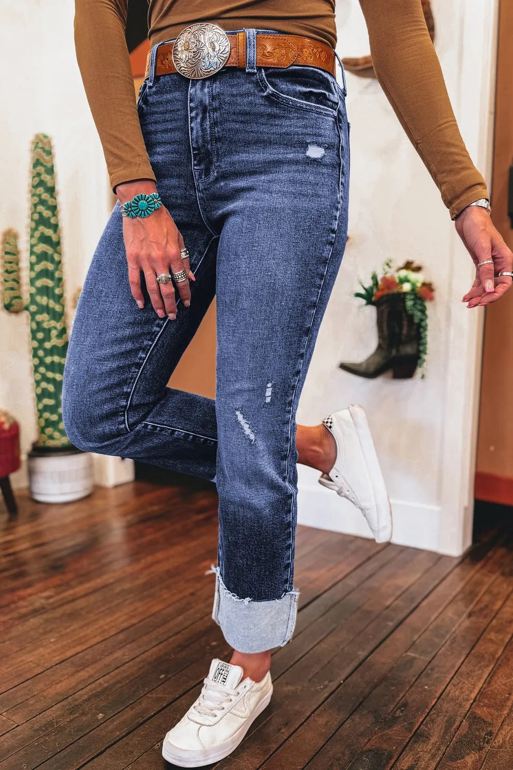 Folded Cuffs Distressed Straight High Waist Jeans - Tigbul's Variety Fashion Shop