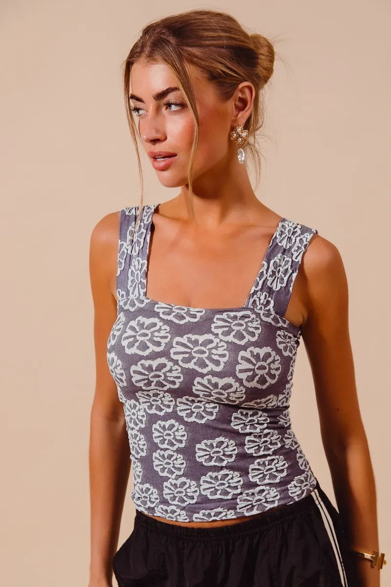Charcoal Blue Two Tone Floral Seamless Tank Top - Tigbul's Variety Fashion Shop