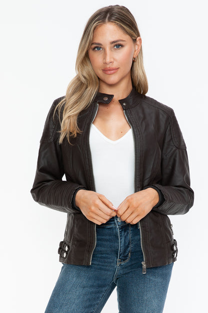 Chocolate Faux Leather Biker Jacket with Side Zip Pockets