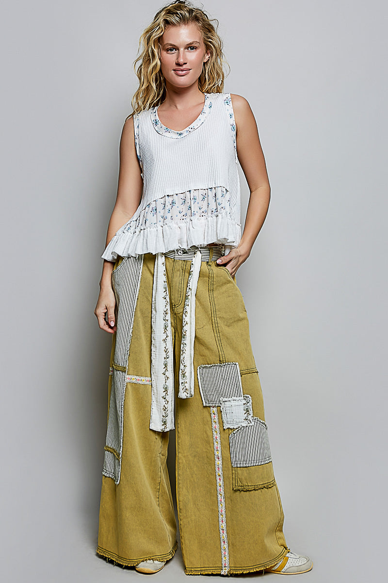 Floral Print Patch Ribbed Tank with Double Gauze Ruffle Accents | Tigbuls