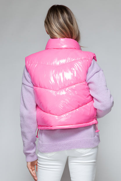 Hot Pink Zip Up Turtleneck Shiny Quilted Vest - Tigbul's Variety Fashion Shop