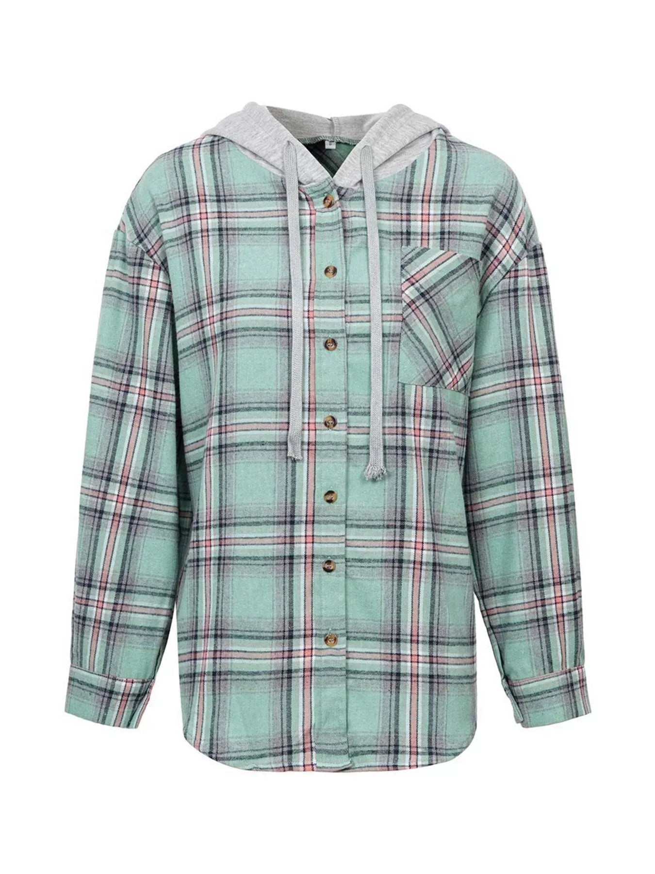 Hooded Plaid Button-Up Shirt - Tigbul's Variety Fashion Shop
