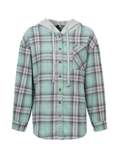Hooded Plaid Button-Up Shirt - Tigbul's Variety Fashion Shop