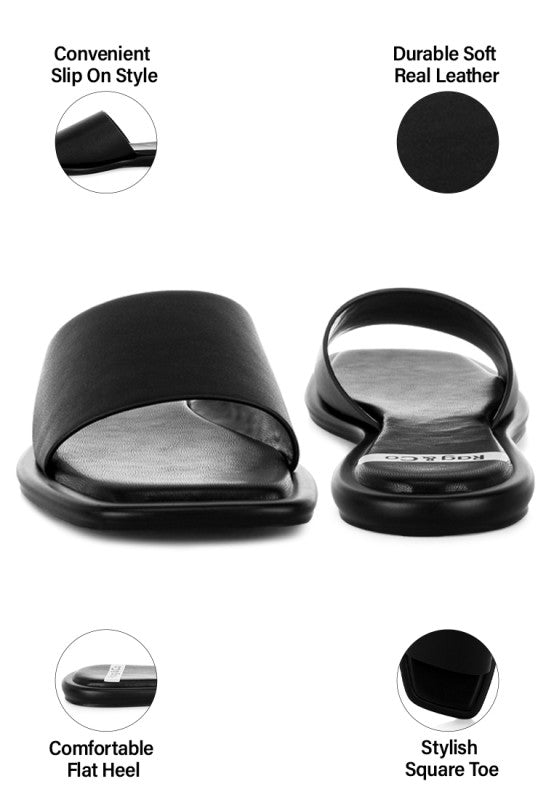 Pair of black square-toe flat slide sandals with cushioned footbed