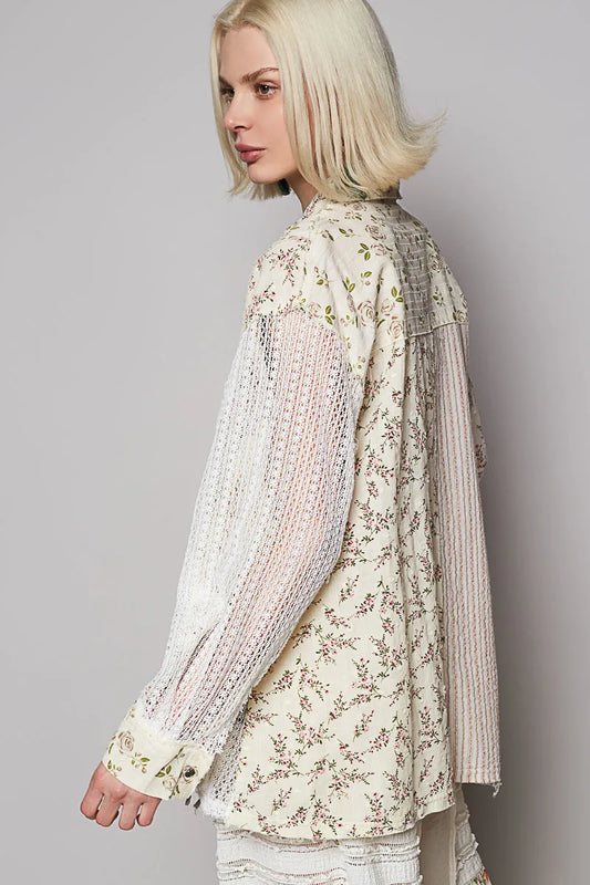 POL Lace Patchwork Floral Button-Up Shirt - Tigbul's Variety Fashion Shop