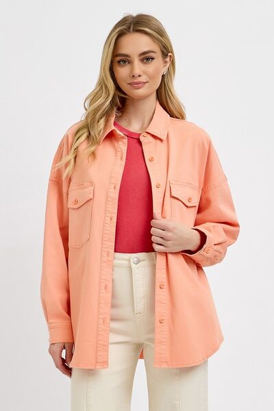 Pink Button Down Long Sleeve Denim Shacket | Tigbuls