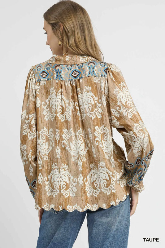 Umgee Floral Boho Blouse with Scalloped Hem - Tigbul's Variety Fashion Shop