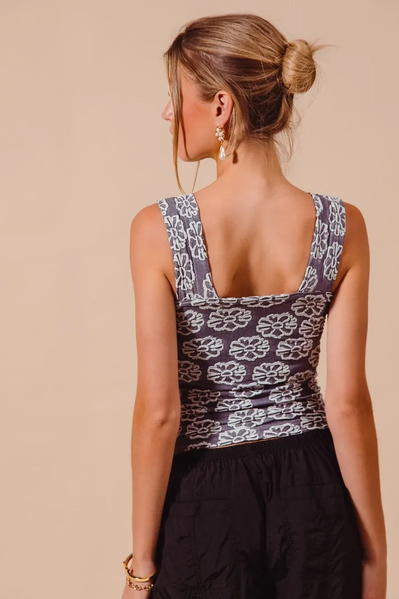 Charcoal Blue Two Tone Floral Seamless Tank Top - Tigbul's Variety Fashion Shop