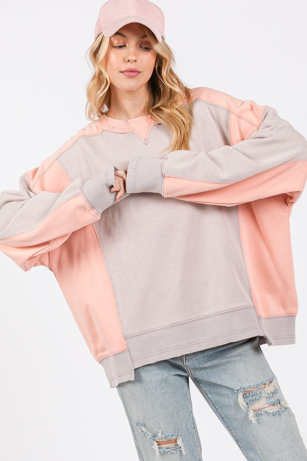 SAGE + FIG Color Block Round Neck Sweatshirt - Tigbul's Variety Fashion Shop