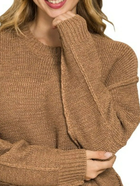 Zenana Exposed Seam Round Neck Sweater - Tigbul's Variety Fashion Shop