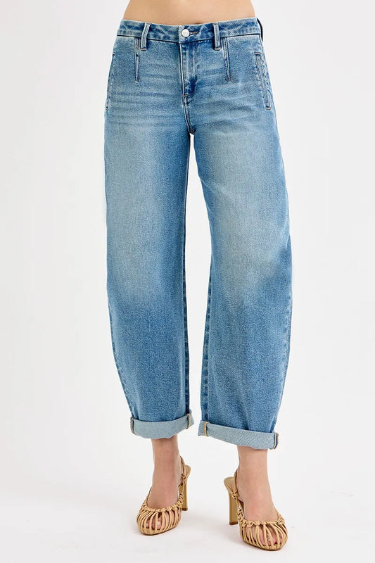 RISEN Full Size Mid Rise Fit Barrel Roll Up Jeans Plus Size - Tigbul's Variety Fashion Shop