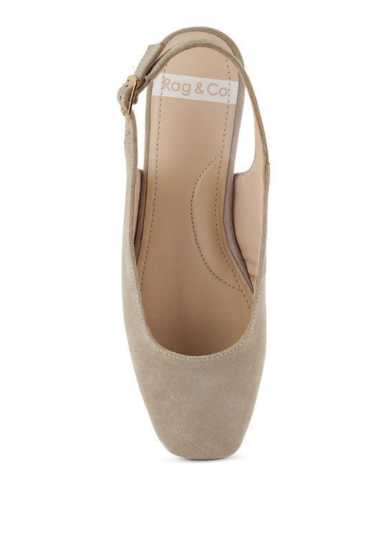 Beige Veloursleder Slingback-Flats, Vorderseite mit Knöchelriemen