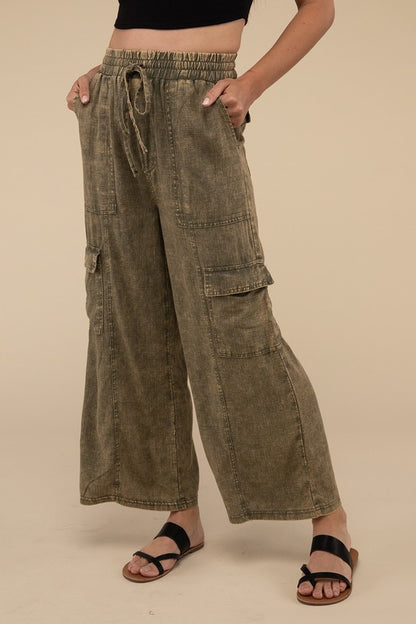 Washed Linen Elastic Band Waist Cargo Pants - Tigbul's Variety Fashion Shop