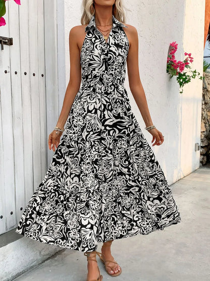 Backless Smocked Printed Sleeveless Black Midi Dress - Tigbul's Variety Fashion Shop