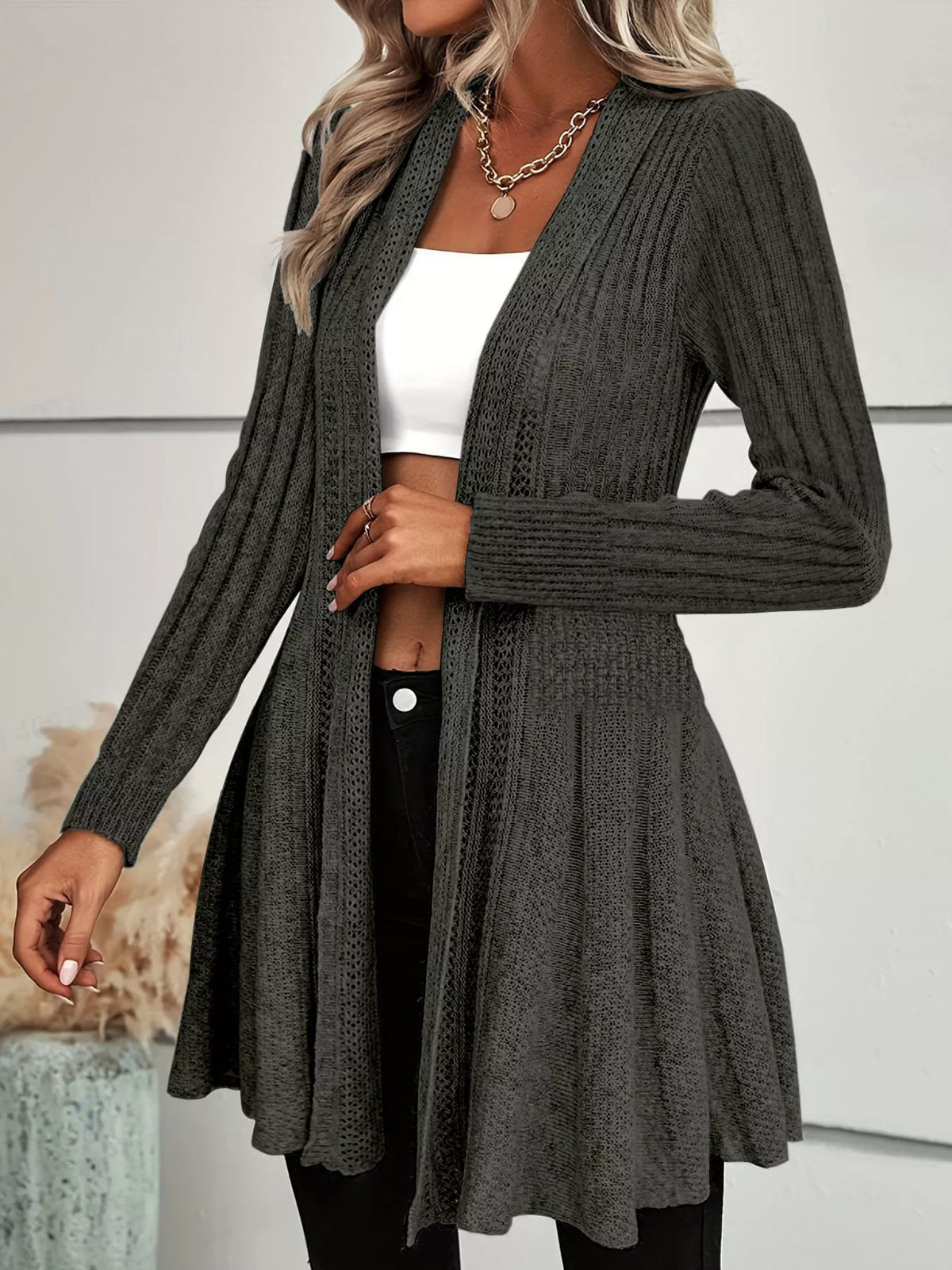 Elegant Ribbed Knit Open Front Flared Cardigan | Tigbuls Variety
