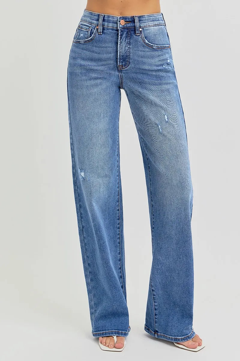 RISEN Full Size Tummy Control Elastic Band High Rise Wide Jeans Plus Size - Tigbul's Variety Fashion Shop