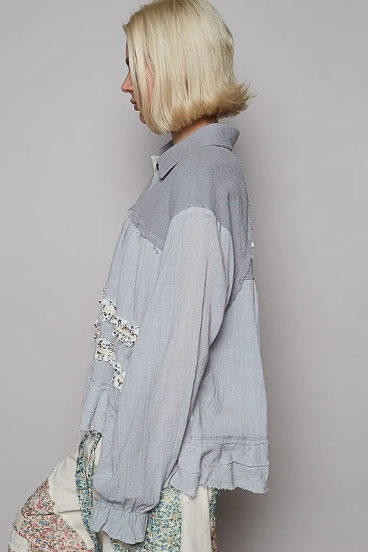 POL Button Down Floral Trim Ruffle Washed Shacket - Tigbul's Variety Fashion Shop