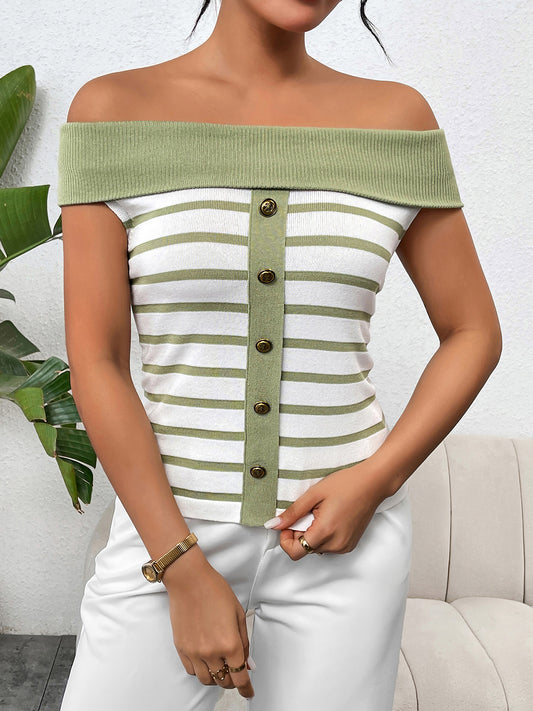 Decorative Button Striped Off-Shoulder Knit Top - Tigbuls Variety Fashion