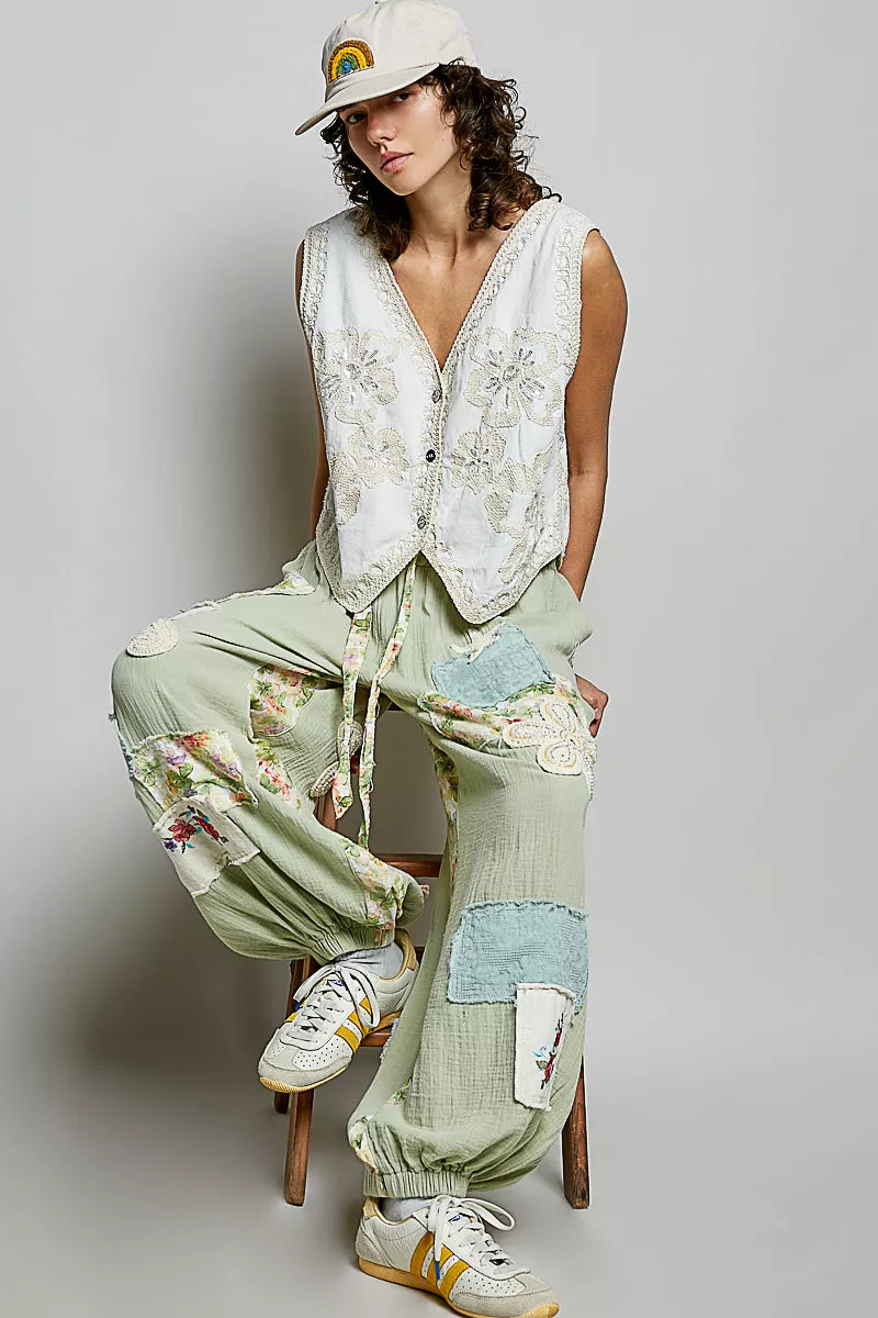 White Embroidered Floral V-Neck Button Down Crochet Vest | Tigbuls