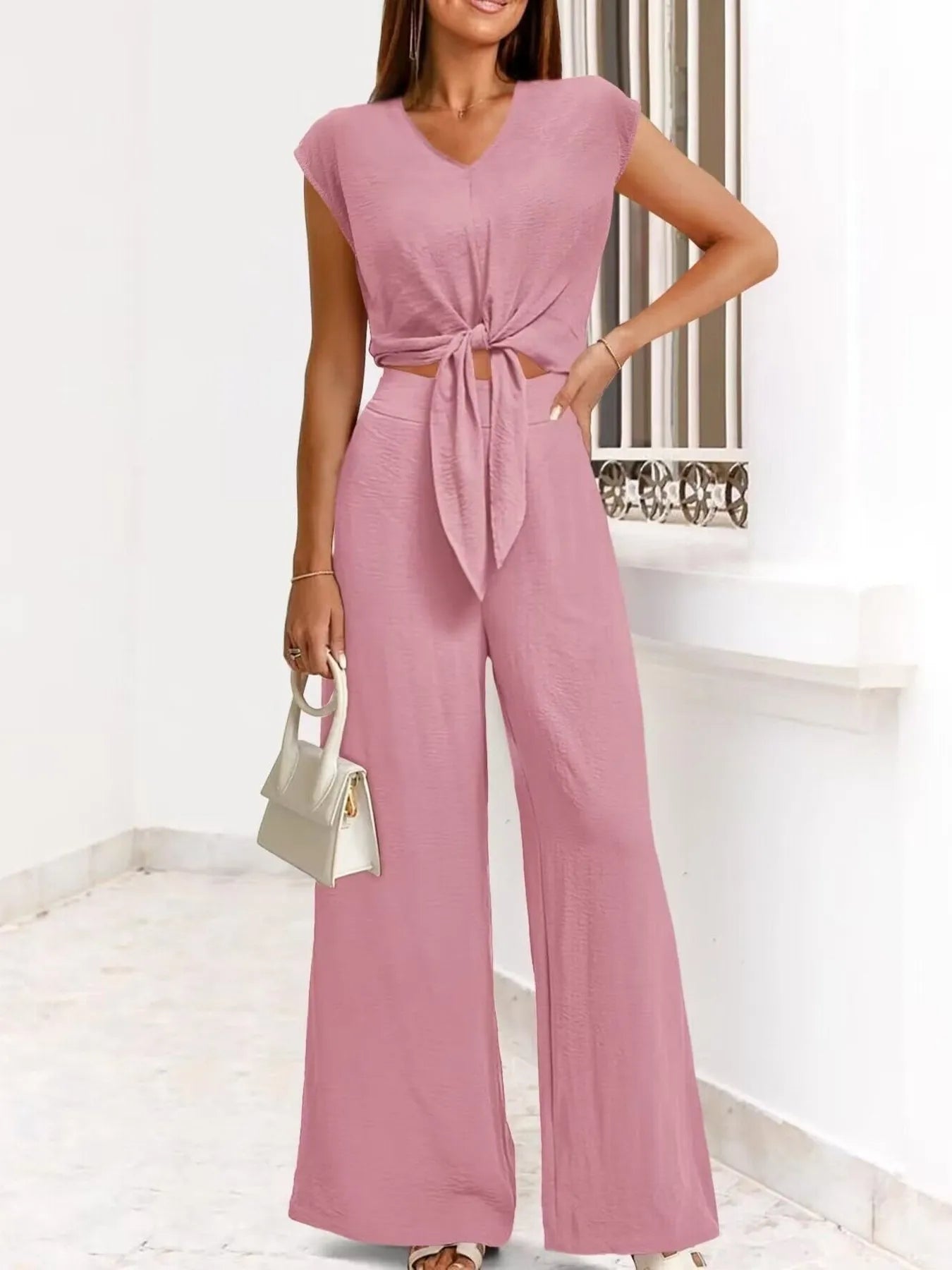 Tie Front Top and Wide Leg Pants Set - Tigbul's Variety Fashion Shop