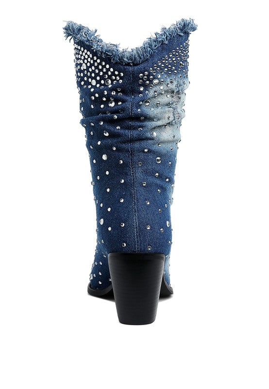 Savant Diamante & Rhinestones Denim Boots - Tigbul's Variety Fashion Shop