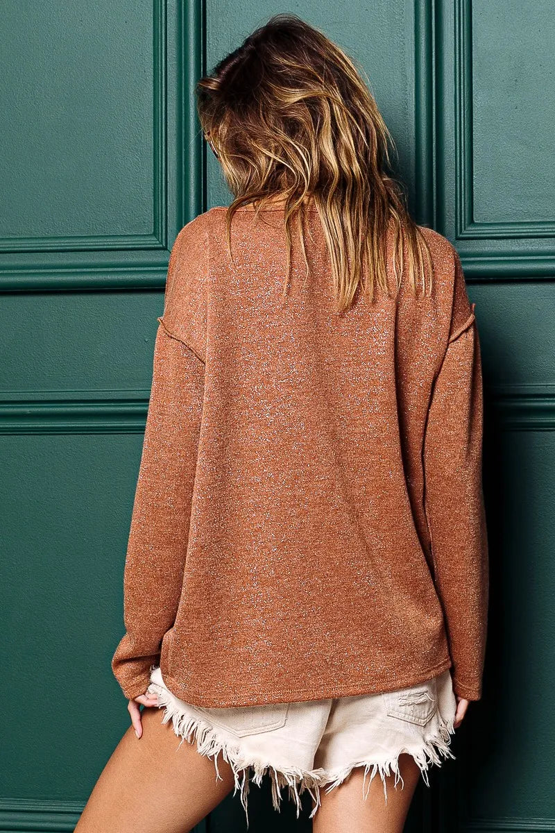 Mink Lurex Stitched Button Detail Top - Tigbul's Variety Fashion Shop