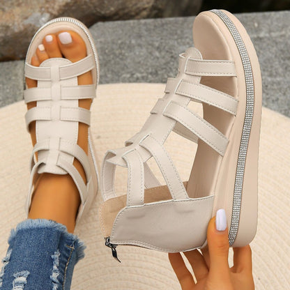 Cutout Rhinestone Trim Wedge Sandals - Tigbul's Variety Fashion Shop