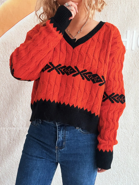 Cable Knit V-Neck Sweater - Tigbul's Variety Fashion Shop