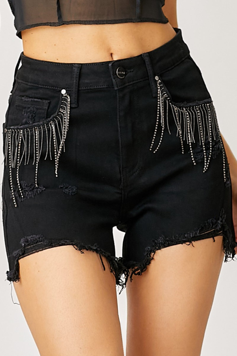 RISEN Frayed Hem Denim Shorts with Fringe Detail Pockets - Tigbul's Variety Fashion Shop