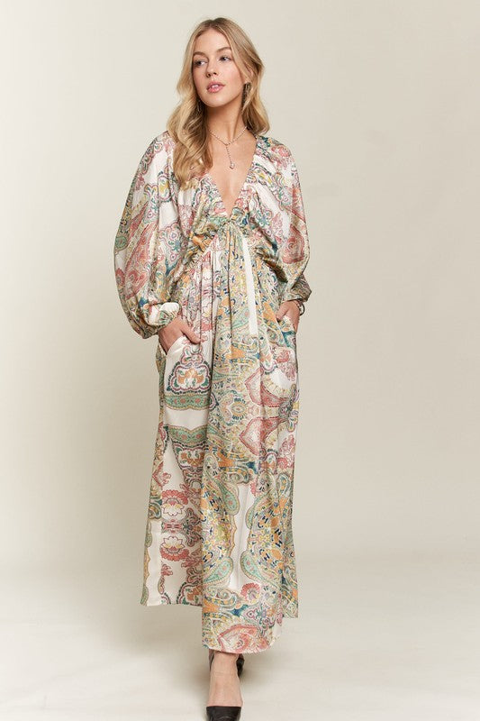 Light Green Printed V-Neck Batwing Sleeve Dress - Tigbul's Variety Fashion Shop