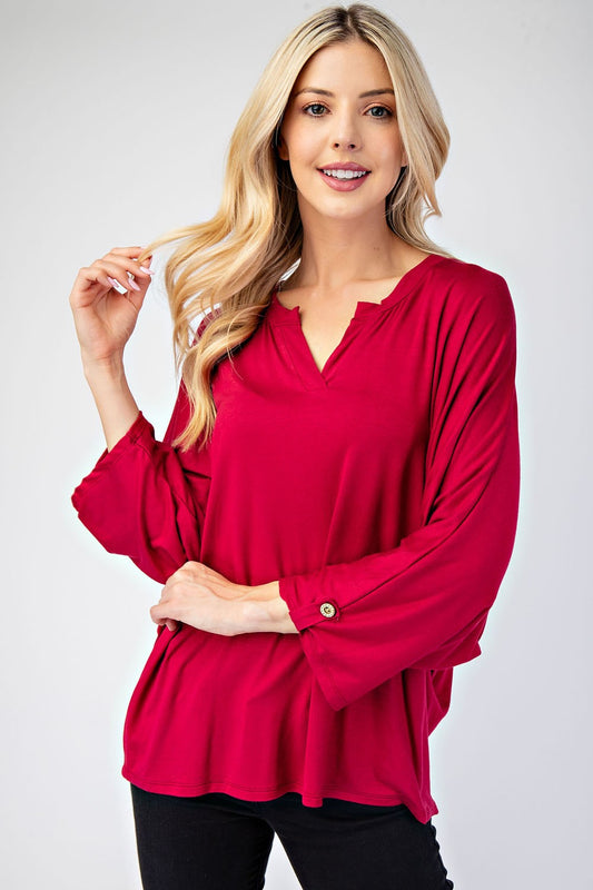 Celeste Full Size Notched Three-Quarter Sleeve Blouse - Tigbul's Variety Fashion Shop