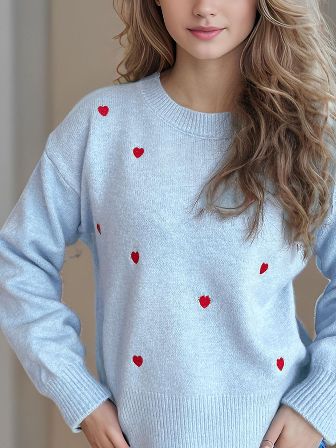 Heart Round Neck Long Sleeve Sweater - Tigbul's Variety Fashion Shop