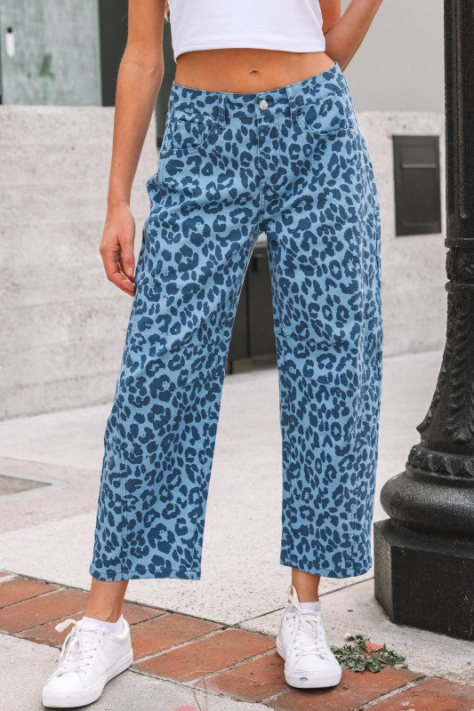 Sky blue leopard straight jeans, front view with belt loops and button detail