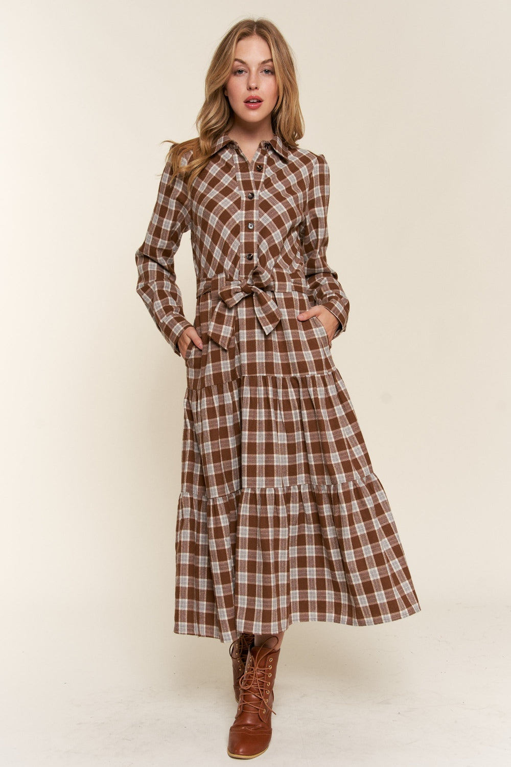 And the Why Plaid Tiered Midi Shirt Dress - Tigbul's Variety Fashion Shop