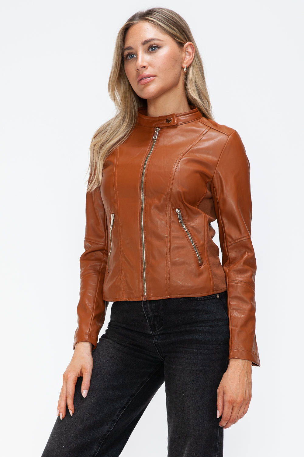 Faux Leather Zip Up Drawstring Hooded Jacket in Camel