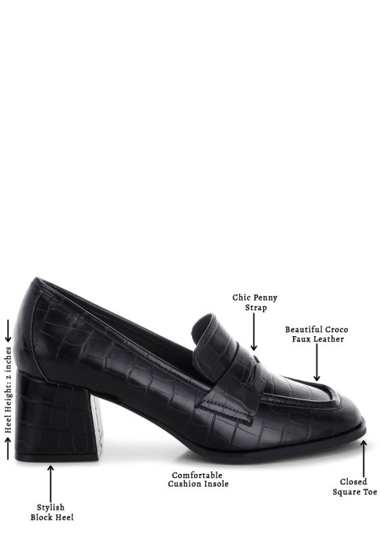 Block Heel Penny Strap Black Loafers | Tigbuls Variety Fashion