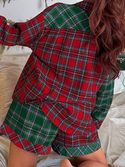 Plaid Contrast Patched Christmas Holiday Long Sleeve Shirt and Short 2pcs Pajama Set - Tigbul's Variety Fashion Shop