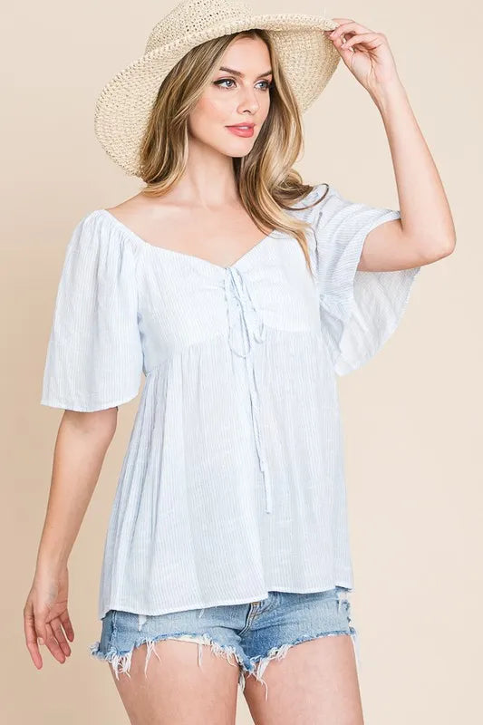 Thin Striped with Tie Front Babydoll Top - Tigbul's Variety Fashion Shop