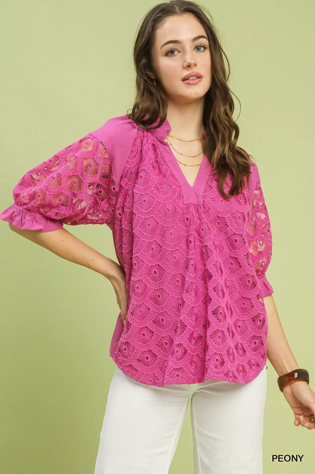 Umgee linen V-neck lace puff-sleeve top in PEONY pink