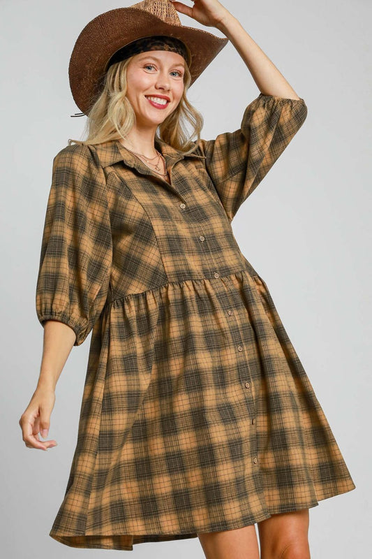 Umgee Full Size Plaid Button Front Collared Neck Mini Shirt Dress Plus Size - Tigbul's Variety Fashion Shop