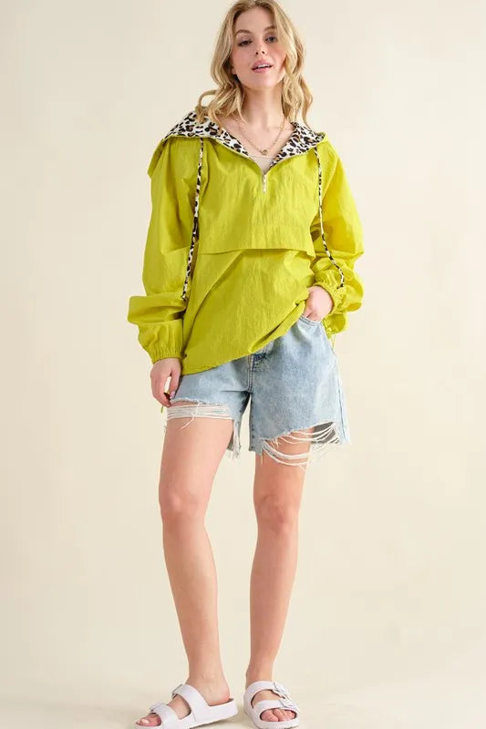 Lime Color Leopard Print Hoodie Zipper Up Pocket Windbreaker - Tigbul's Variety Fashion Shop