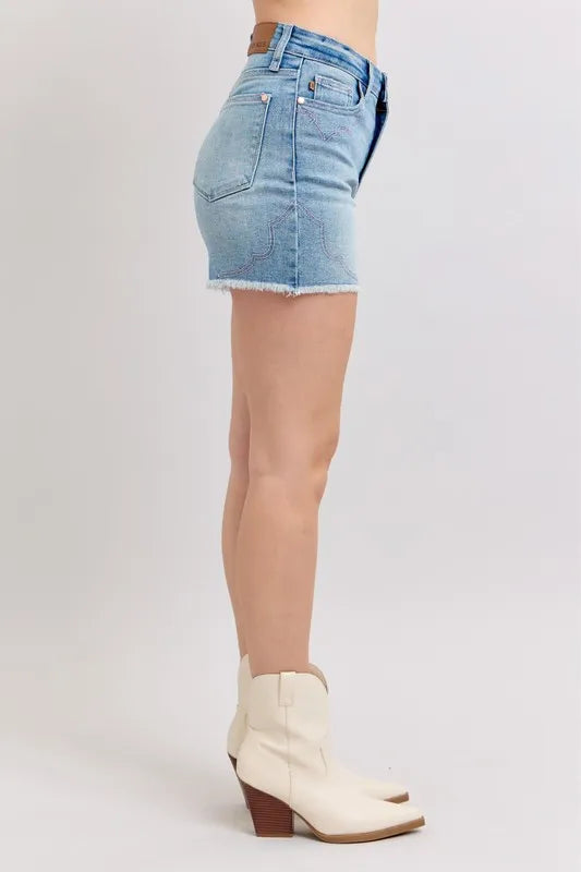 Judy Blue High Waist Western Embroidery Detail Cut Off Denim Shorts - Tigbul's Variety Fashion Shop