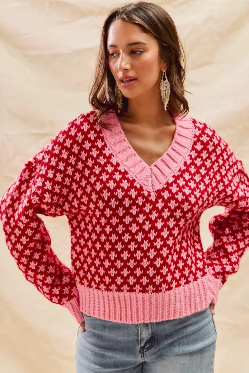 SO ME Color Block Textured Christmas Sweater V Neck Top - Tigbul's Variety Fashion Shop