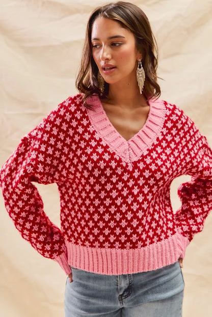 SO ME Color Block Textured Christmas Sweater V Neck Top - Tigbul's Variety Fashion Shop